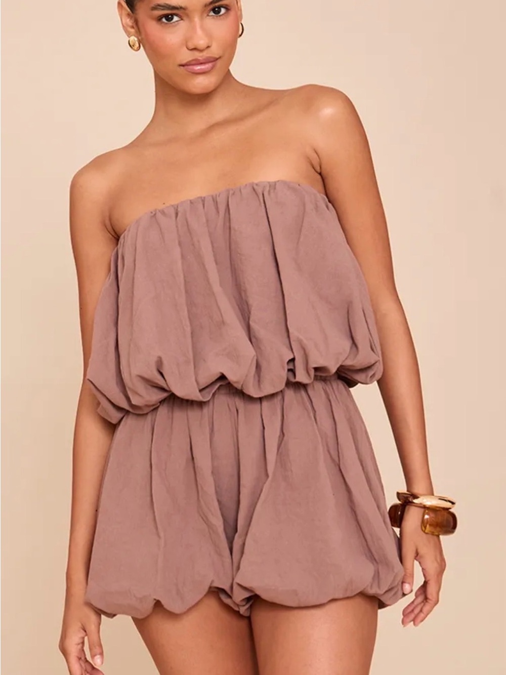 Strapless Bubble Romper in Mauve